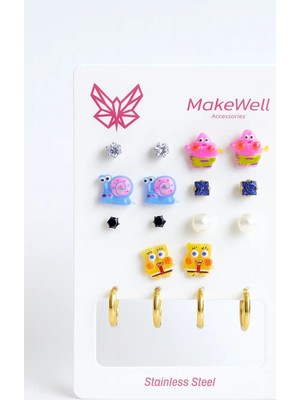 Makewell Eğlenceli Çizgi Film Çelik Küpe 7'li Set Paslanmaz Çelik Kız Çocuk Hediye