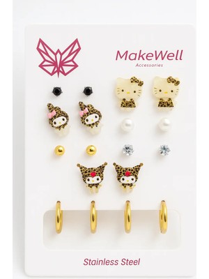 Makewell Hello Kitty Prenses Çelik Küpe 6'li Set Paslanmaz Çelik Kız Çocuk Hediye