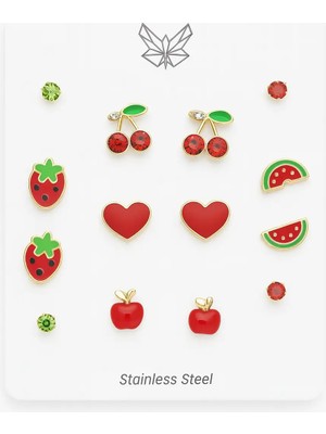 Makewell Meyve Bahçesi Çelik Küpe 7'li Set Paslanmaz Çelik Kız Çocuk Hediye