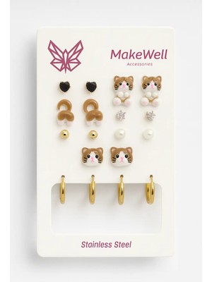 Makewell Romantik Kalp Çelik Küpe 9'li Set Paslanmaz Çelik Kız Çocuk Hediye