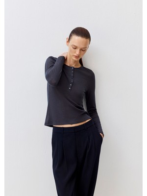 Mavi Yün Karışımlı Düğme Detaylı Antrasit Uzun Kollu Tişört 1613582-80932