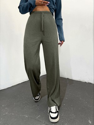 Moda Morfo Bağcık Detaylı Salaş Fitilli Pantolon        -Haki