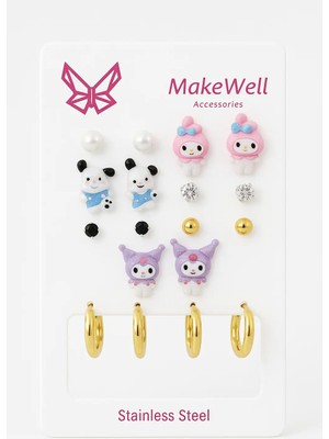 Makewell Kawaii Karakter Çelik Küpe 9'li Set Paslanmaz Çelik Kız Çocuk Hediye