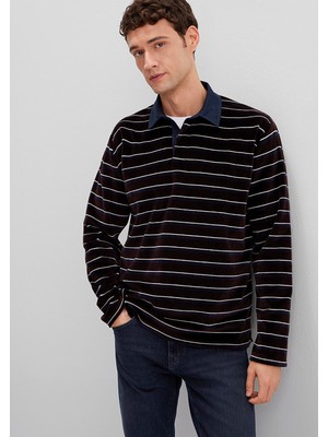 Mavi Polo Yaka Çizgili Kadife Sweatshirt 0S10470-89103