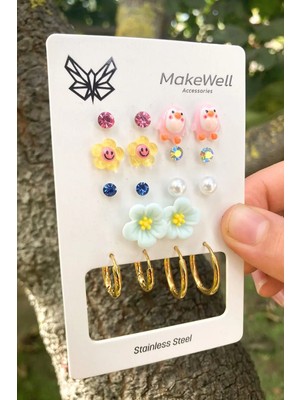 Makewell Tatlı Arı Çelik Küpe 8'li Set Paslanmaz Çelik Kız Çocuk Hediye