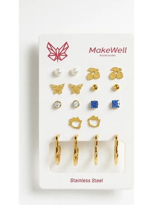 Makewell Zarif Kelebek Çelik Küpe 8'li Set Paslanmaz Çelik Kız Çocuk Hediye