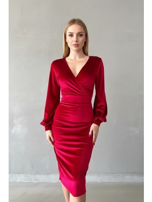 Kadın Kadife Kumaş Uzun Kollu Kruvaze Elbise