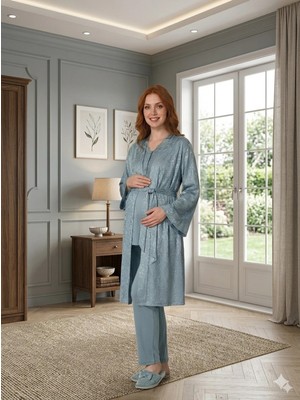 Çamaşır Kenti Bone 6201 Kadın Jakar Saten Sabahlıklı Lohusa Pijama Takımı