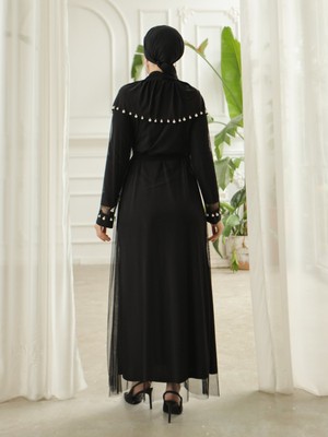 Moda Morfo İnci Detaylı Tül Hırkalı Sendy Abaya -Siyah