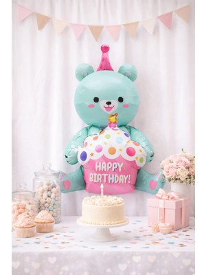 Deha Parti Doğum Günü Ayıcığı Folyo Balon Tatlı Cupcake Tasarım - Retro Pembe