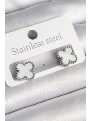 byasafkids 316L Çelik Gümüş Renk Beyaz Yonca Model Kadın Küpe