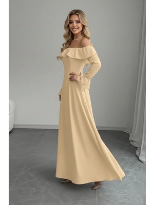 Kadın Madonna Yaka Fırfır Detay Uzun Kollu Krep Kumaş Elbise