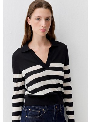 Mavi Yün Siyah Çizgili V Yaka Polo Kazak 1710820-85407