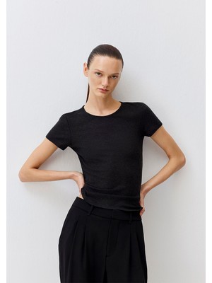 Mavi Yün Karışımlı Siyah Basic Tişört 1613676-900