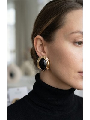 byasafkids Pirinç Siyah Badem Model Vintage Gold Kadın Küpe