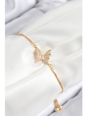 Clariss Pirinç Zirkon Taşlı Kelebek Model Gold Renk Asansörlü Kadın Bileklik