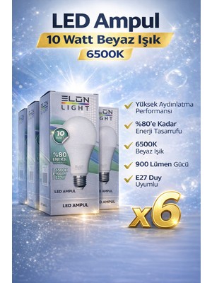 isiltikidsmoda LED Ampul 10 Watt Beyaz Işık 6500K Yüksek Aydınlatma E27 Duy Enerji Tasarruflu 6 Adet