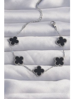 byasafkids 316L Çelik Gümüş Renk Siyah Mineli Yonca Bileklik