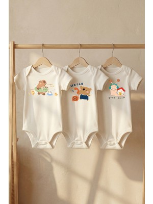 Pamuk Saray %100 Organik Pamuk Sevimli Hayvan Figürü Baskılı Kısa Kollu Çıtçıtlı Bebek Body Zıbın
