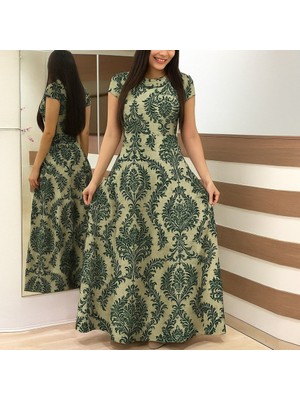 byasafkids Kadın Kısa Kollu Bisiklet Yaka Puantiyeli Maksi Örme Krep Elbise