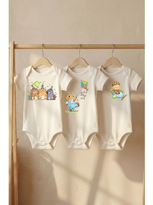 Pamuk Saray %100 Organik Pamuk Sevimli Hayvan Figürü Baskılı Kısa Kollu Çıtçıtlı Bebek Body Zıbın
