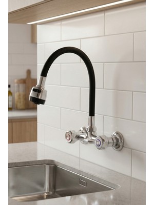 Ralken Duvardan Klasik Çevirmeli Mutfak Evye Bataryası Volonlu Musluk Çift Girişli Spiral Hareketli Borulu 2 Fonksiyonlu