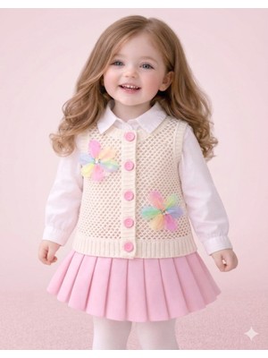 Mihrumay Kız Bebek ve Çocuk Ajurlu Çiçekli 4 Mevsim Yelek