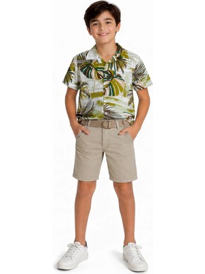 İrem Çocuk Giyim Erkek Çocuk Palmiye Desenli Düğme Kapamalı Gömlek Keten Kaprili İkili Takım