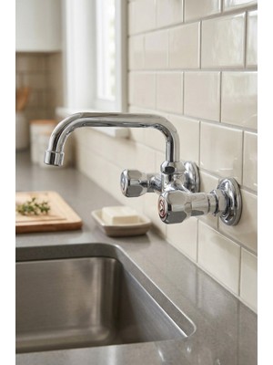 Ralken Duvardan Klasik Çevirmeli Mutfak Evye Bataryası Volonu Musluk Çift Su Girişli Duvardan Eski Tip