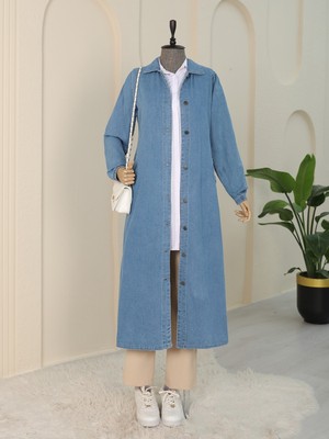 Moda Morfo Kolu Lastikli Boydan Düğmeli Kot Kap Mavi Pamuk - Polyester Kadın Dış Giyim