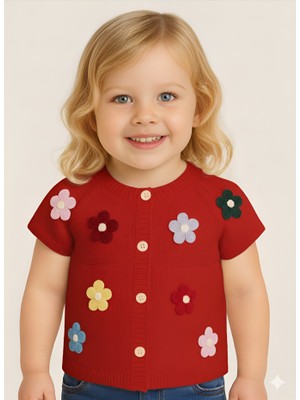 Mihrumay Kız Bebek ve Çocuk Robalı Renkli Çiçekli Triko Yelek
