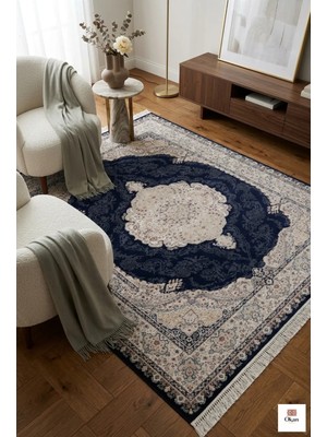 Royal Heritage Exclusive: Sanat Eseri Dokusunda Lacivert Madalyon Salon Halısı
