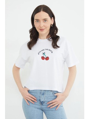 FullaModa Kiraz Baskılı Bisiklet Yaka Salaş Tişört