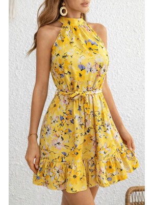 Equri Kadın Omuzlardan Açık Balıkçı Yakalı Kuşaklı Desenli Kısa Süprem Elbise