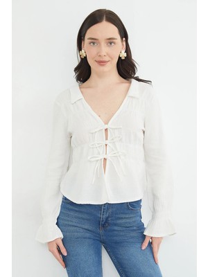 FullaModa Önü Bağlamalı Gipeli Müslin Kumaş Bluz