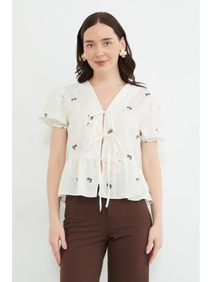 FullaModa Çiçek Nakışlı Balon Kol Bluz