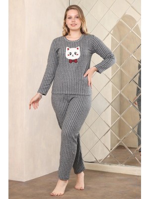 FullaModa Kedi Nakışlı Bisiklet Yaka Uzun Kol Pijama Takımı