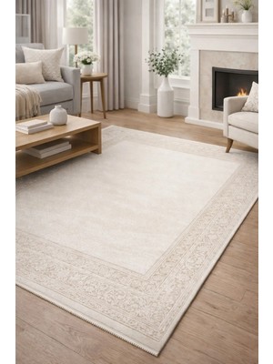 Modern Klasik Krem Halı 462.000 Vuruş Akrilik Iplik Leke Tutmaz Şık Salon Halısı