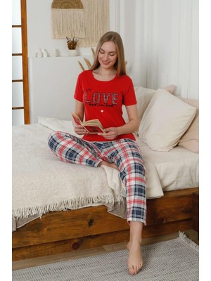 FullaModa Ekose Desenli Bisiklet Yaka Pijama Takımı
