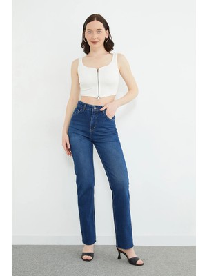 FullaModa Yüksek Bel  Kesik Paça Jean