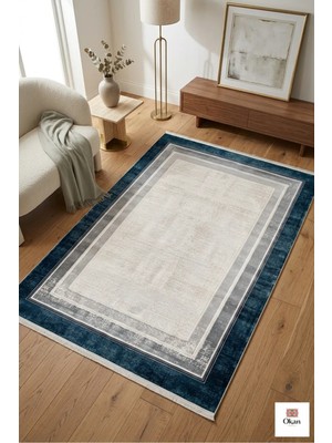 Premium Modern Çerçeveli Salon Halısı 9mm Hav Yükseklik Pamuk Dokuma Taban Lacivert Antrasit Geçişli