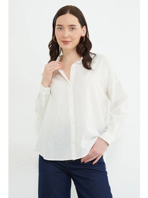 FullaModa Basic Keten Görünümlü Oversize Gömlek