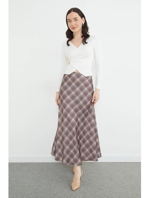 FullaModa Ekose Desenli Maxi Boy Saten Etek