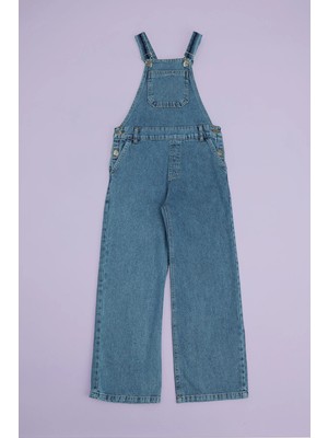 FullaModa Önü Cepli Kız Çocuk Jean Salopet