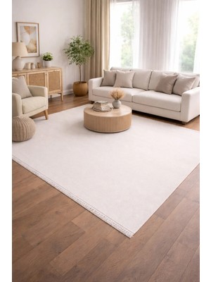 Okan Halı Krem Minimal Desenli | Kaymaz Taban, 5 mm Ince Halı | Mutfak, Antre, Balkon, Salon Halısı