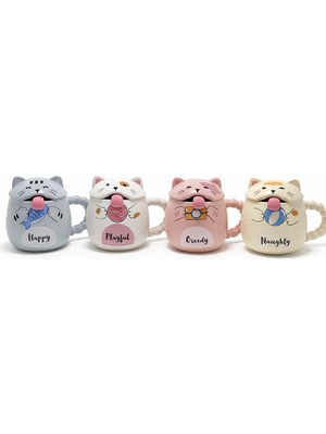 Ethab Ticaret Özel Tasarım 3D Kedi Figürlü Kapaklı Kaşıklı Kupa Bardak