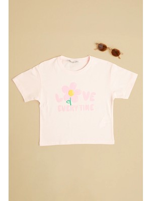 FullaModa Love Every Tıme Baskılı Kız Çocuk Crop Tişört