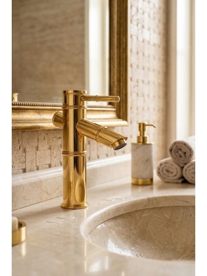 Ralken Bambu Gövde Gold Lavabo Bataryası - Altın Sabit Lavabo Musluğu %100 Pirinç