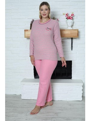 FullaModa Büyük Beden Çizgili Bisiklet Yaka Uzun Kol Pijama Takımı