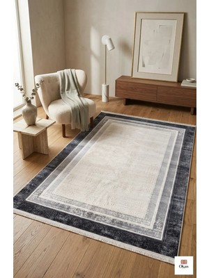 Premium Modern Çerçeveli Salon Halısı - 9mm Hav Yüksekliği, Pamuk Taban, Vizon Antrasit Geçişli